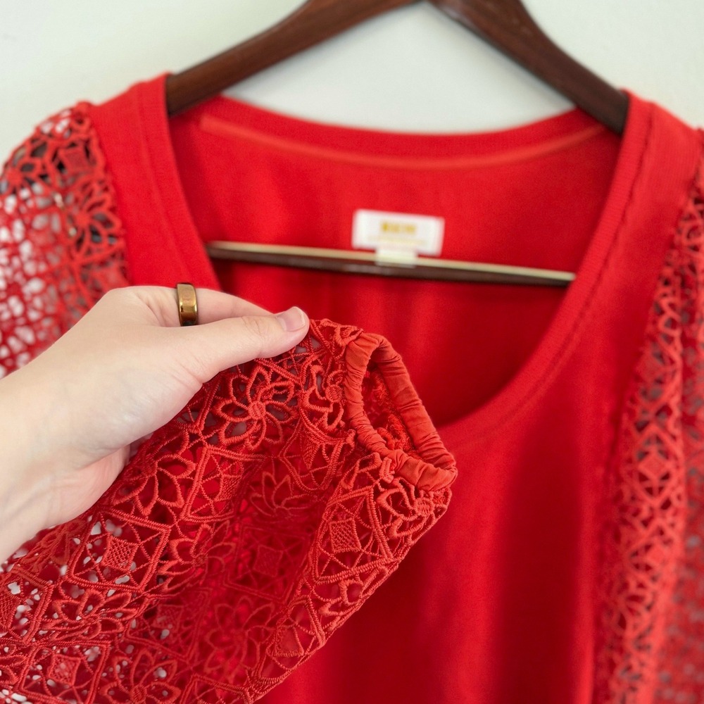 Maeve Anthropologie Red Ribbed Knit Top Floral Guipure Lace Balloon Sleeve Sz XS - Picture 7 of 12